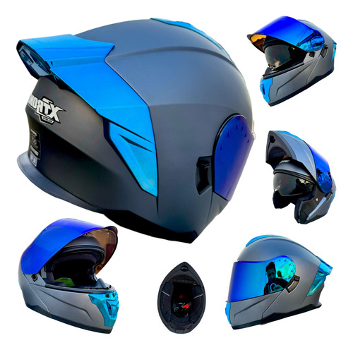 Casco Moto Gris Azulado Aleron Azul Cromo Abatible Xtrong
