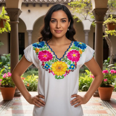 Blusa Típica Artesanal Margaritas Bordada Manta Chiapaneca | Meses sin interés