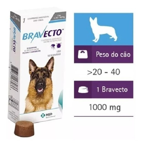 Bravecto Comprimido P/ Cães 20 A 40kg - Frete Gratis 