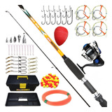 Kit Reel + Accesorios + Caja Río Variada Completa Lineas Boya + Caña Pescar 2.10 2 Tramos Grafito 