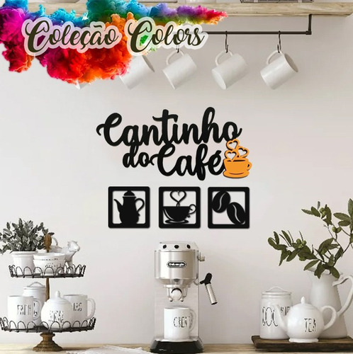 Kit Cantinho Do Café Mdf Kit 4 Peças Detalhe Laranja