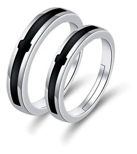 Anillos Parejas Novios Plateado Negro Ajustable