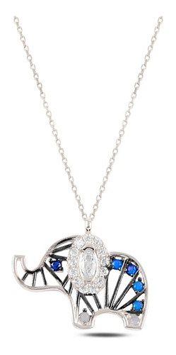 Precioso Collar De Plata .925 Elefante Azul Con Piedra Luna