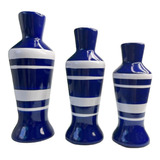 Trio Decorativo Vaso Garrafa Listrado De Cerâmica Moderno