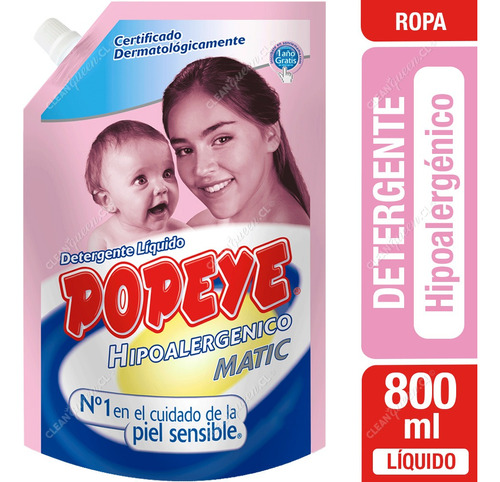 Detergente Líquido Popeye Hipoalergénico 800ml Pack X3