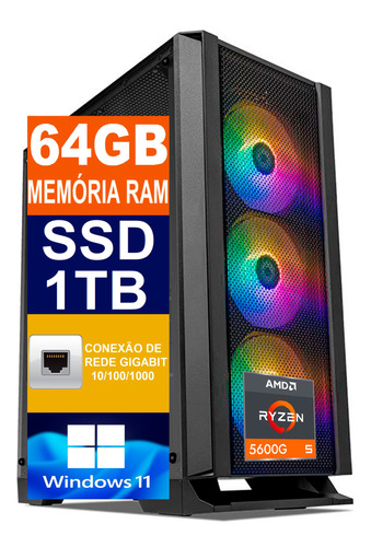 Pc Gamer Cpu Ryzen 5 5600g / Ssd 1tb / 64gb Memória Ram