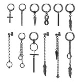 Pack 12 Aretes Hombre Negros Piercing Acero Colgantes 