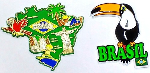 Kit 2 Imãs Geladeira Brasil Bandeiras Mapa Pássaros Souvenir