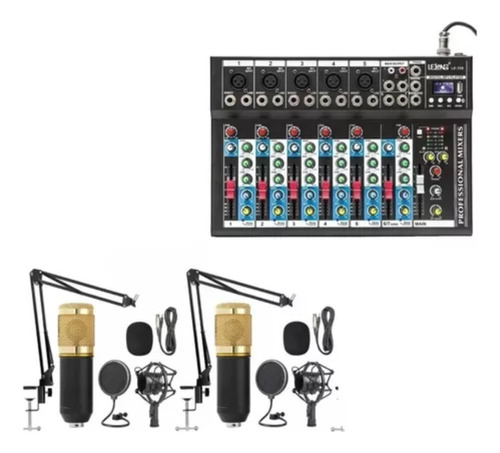 Kit Podcast Mesa De Som Bluetooth 7 Canais 2 Microfones Pro