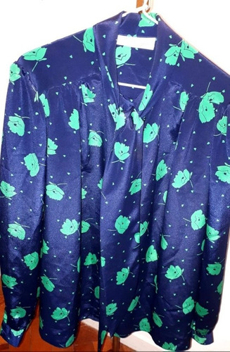 -  Blusa Seda Con Corbatón Azul Y Verde Importada Eeuu Unica