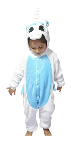 Pijama Y Disfraz Enterito Polar Unicornio - Blanco Y Azul