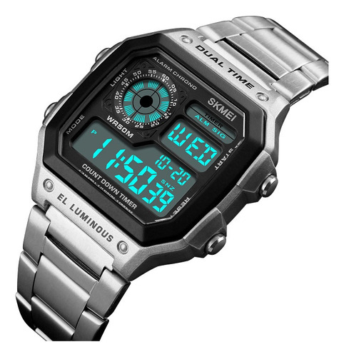 Reloj Skmei Digital Deportivo Casual 3 Atm Metálico 1335 Correa Plateado Bisel Negro Fondo Negro