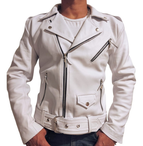 Chamarra Biker De Piel Para Hombre Rockera Cuero Blanca Slim