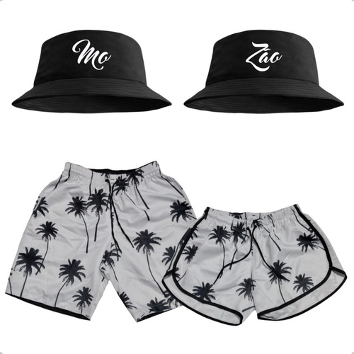 Conjunto Mozão Kit Shorts Casais + 2 Chapéu Bucket Hat Verão