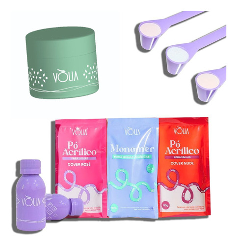 Kit Pó Acrílico Cover Rose E Nude + Monomer + Pote Eco Vòlia