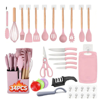 Juego De Utensilios Silicon Cocina Juego De Cuchillo 34 Set Rosa | MercadoLibre