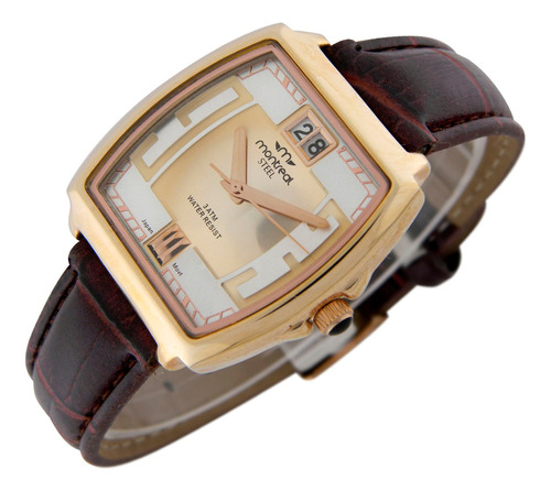 Reloj Montreal Mujer Ml1453 Caja Acero Inoxidable Calendario Malla Marrón Oscuro Bisel Oro Rojo