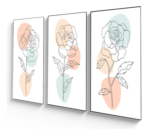 Cuadro Tríptico Diseño Rosas Con Colores Pastel 90x50cm