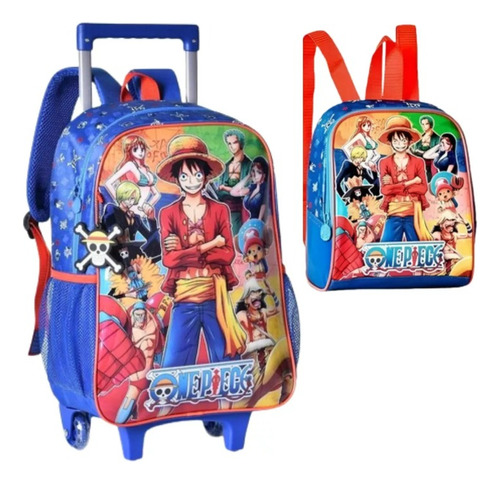 Kit Mochila Rodinha Escolar One Piece Lancheira Azul Menino