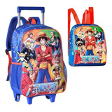 Kit Mochila Rodinha Escolar One Piece Lancheira Azul Menino