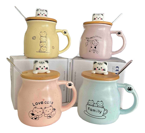 Mug Pocillo Gato Con Tapa De Madera + Cuchara