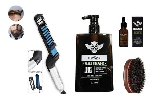 Kit Peine Alisante De Barba + Shampoo + Aceite + Cepillo