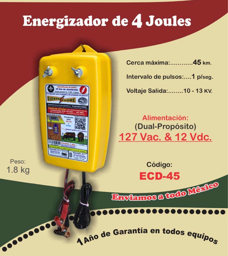 Energizador Cerco Eléctrico 45 Kms, Dual Voltaje 127 & 12v