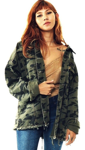 Parka Maxi Jaqueta Jeans Camuflada Militar Feminina