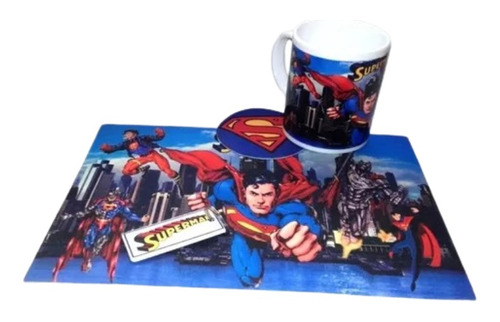 Taza Plástica Superman + Individual + Posa Taza + Llavero