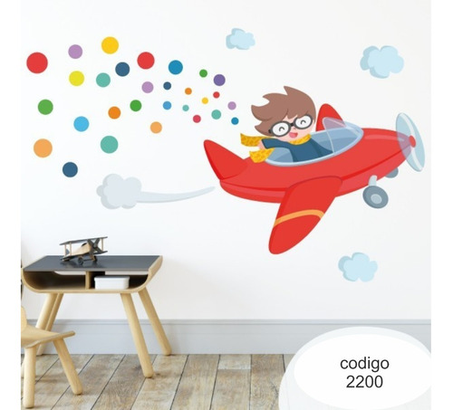 Vinilo Decorativo Infantil Nene En Avión De 140 Cm De Ancho