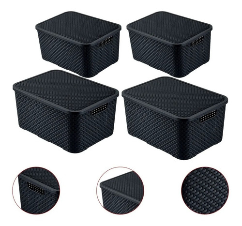 Kit 4 Caixas Pretas Rattan 7, 15,20 E 40 Lts  Promoção Top