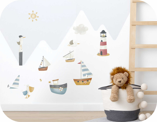 Vinilo Pared Decorativo Infantil Náuticos Barcos Y Gaviotas