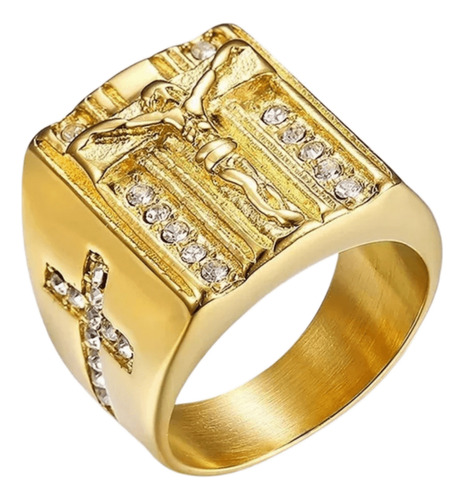 Anel Masculino Jesus Cristo Cravejado Banhado A Ouro 18k