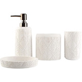 Set De Baño Completo 4pc De Resina Diseño Leaf White