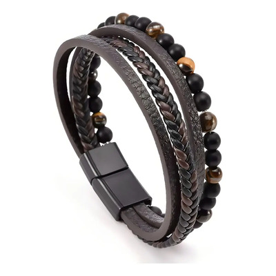 Pulsera Marrón Oscuro Cuero Trenzado Con Ojo De Tigre Y Piedra Lava 21cm 6 Cm 21 Cm