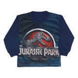 Camiseta Infantil Manga Longa Jurassic Park Azul Escuro - 12