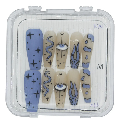 Kit 10 Uñas Postizas #1035 Press On Azul Fiesta Xv Años Ojo