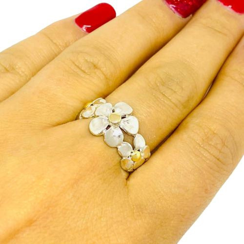 Anillo Con Tres Margaritas Plata Y Oro Mujer Madre Ao 003