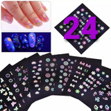 Set 24 Láminas Stickers De Uñas Fluorescentes 