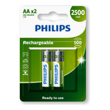 02 Pilhas Aa 2500mah Recarregável Philips 1 Cartela