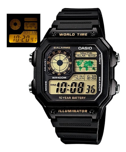 Reloj De Pulsera Casio Digital Ae-1200 De Cuerpo Color Negro, Digital, Fondo Negro, Con Correa De Resina Color Negro, Dial Negro, Subesferas Color Amarillo Y Negro, Minutero/segundero Negro, Bisel Col