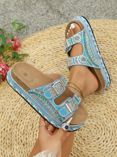 Chanclas Mujer Plataforma Pedreria Hebilla Verano Playa