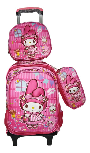 Mochila 3d Con Luz Hello Kitty En Combo Lapicera + Lonchera+carrito