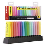 Caneta Stabilo Boss 15 Cores 9 Fluo + 6 Pastel Estojo Kit