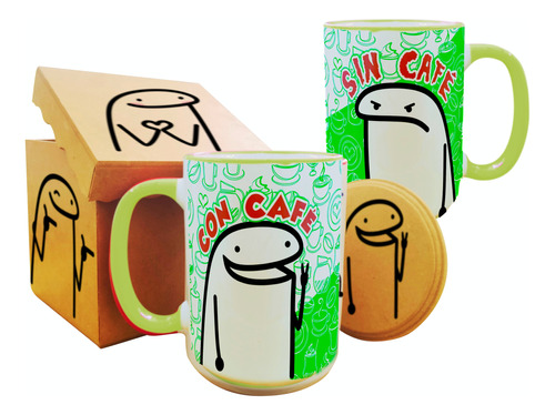 * Taza Grande 15 Oz Flork Deformito Caja Y Portatazas Madera