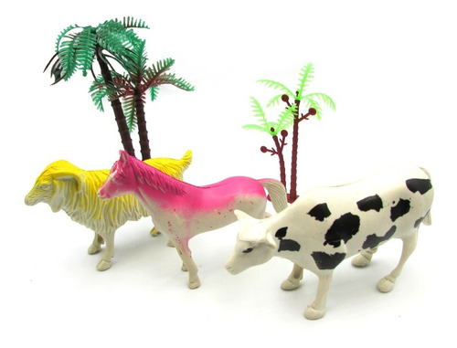 Set 3 Animales De Granja Plastico Irrompibles Vaca Caballo 