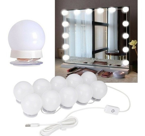 Focos Led Luz Espejo Usb Maquillaje Espejo Hollywood Kit 10 