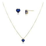 Conjunto De Colar E Brinco Coração Azul Safira Folheado Ouro