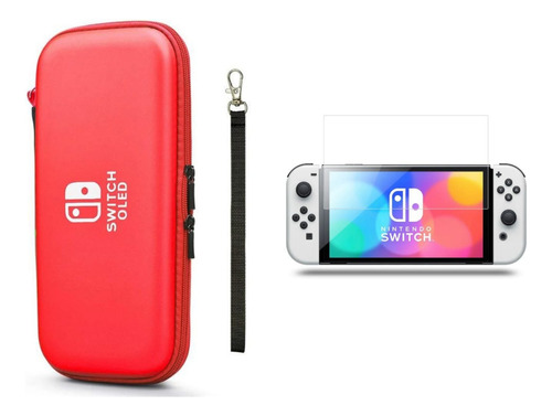 Estuche Rojo + Vidrio Protector Para Nintendo Switch Oled