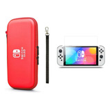 Estuche Rojo + Vidrio Protector Para Nintendo Switch Oled
